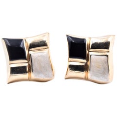 14 Karat Yellow Gold Black and White Enamel Earrings