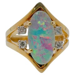 14K Yellow Gold Black Australian Opal Diamond Cocktail Ring, 1990s