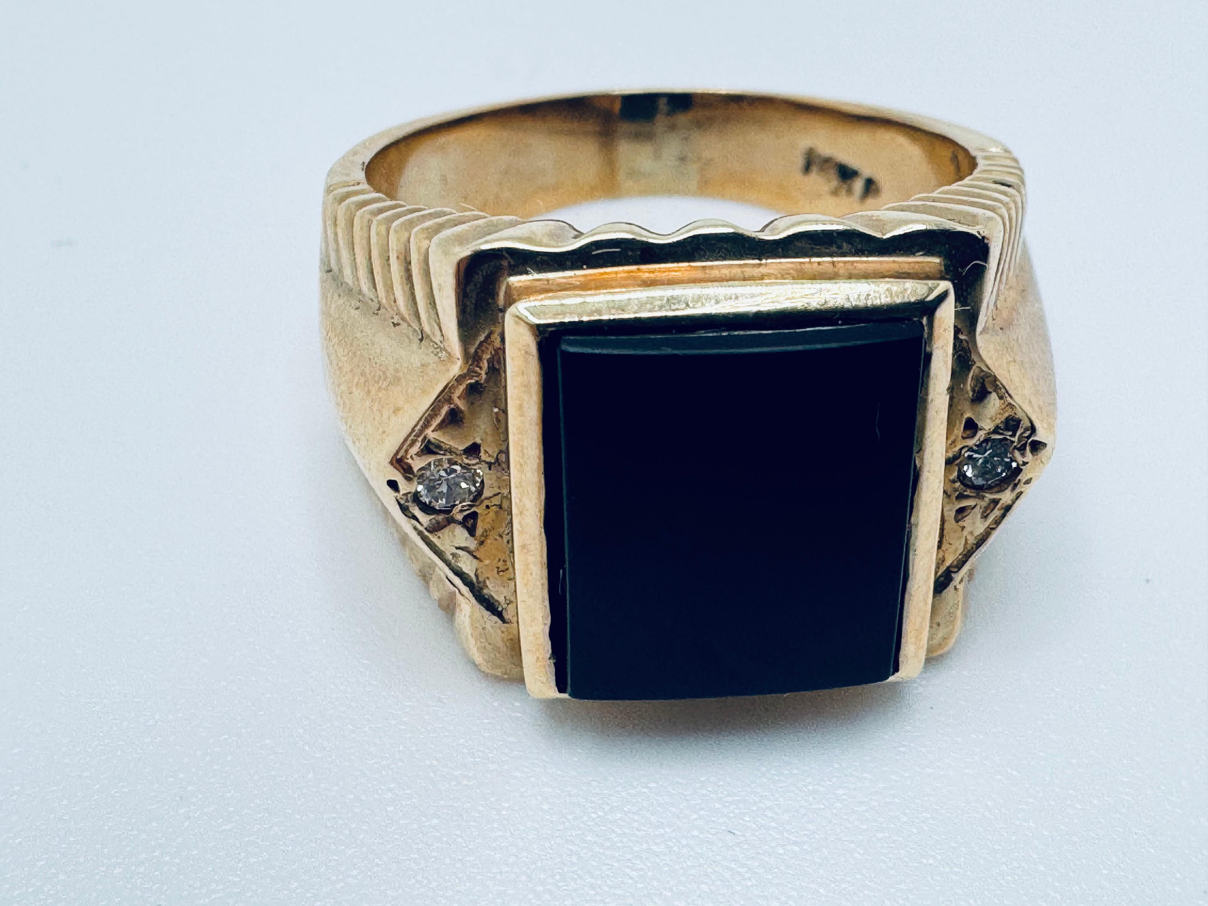14K Gelbgold, Schwarzer Cabochon Onyx und Diamant Ring (Art déco) im Angebot