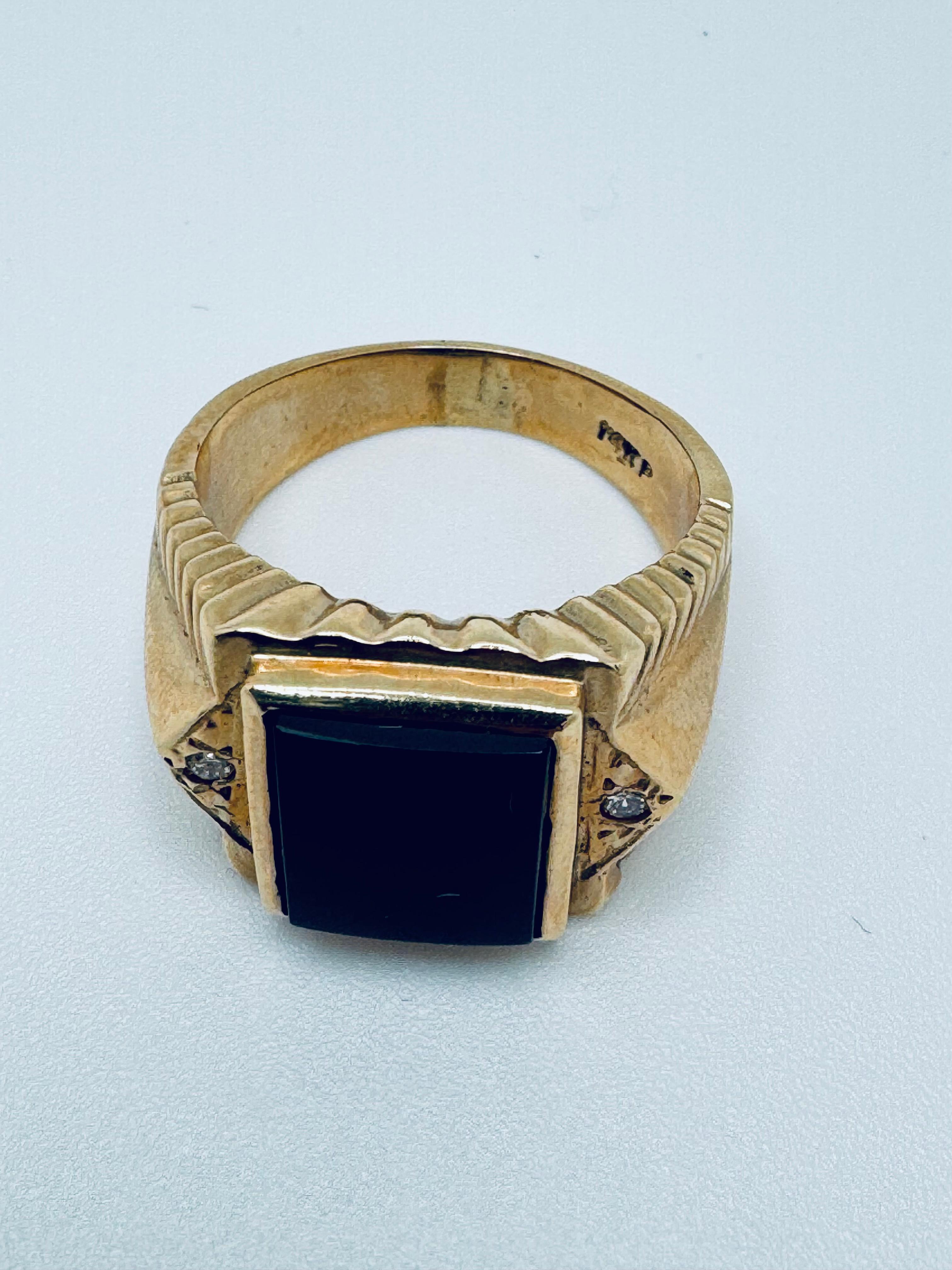 14K Gelbgold, Schwarzer Cabochon Onyx und Diamant Ring Herren im Angebot