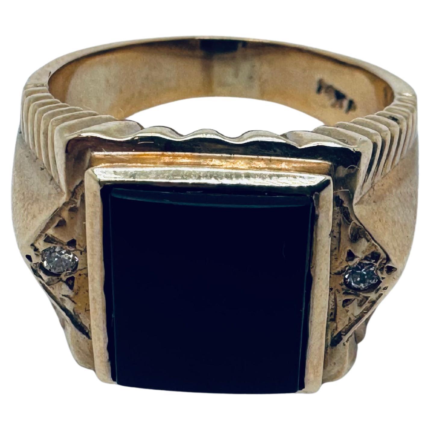 14K Gelbgold, Schwarzer Cabochon Onyx und Diamant Ring