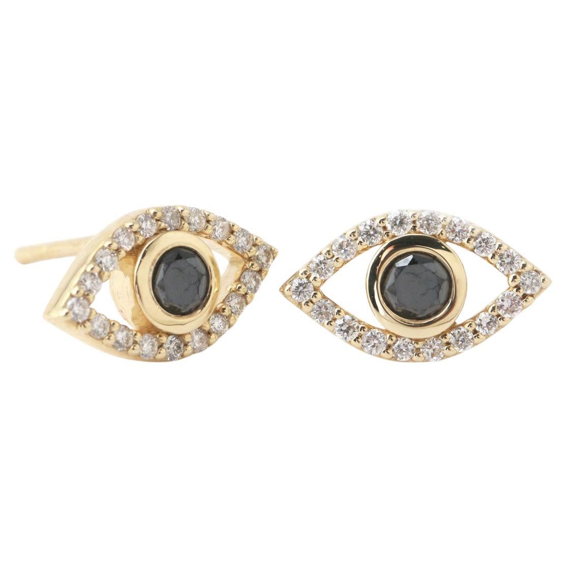 14k Yellow Gold Black Diamond Eye Stud Earrings For Sale