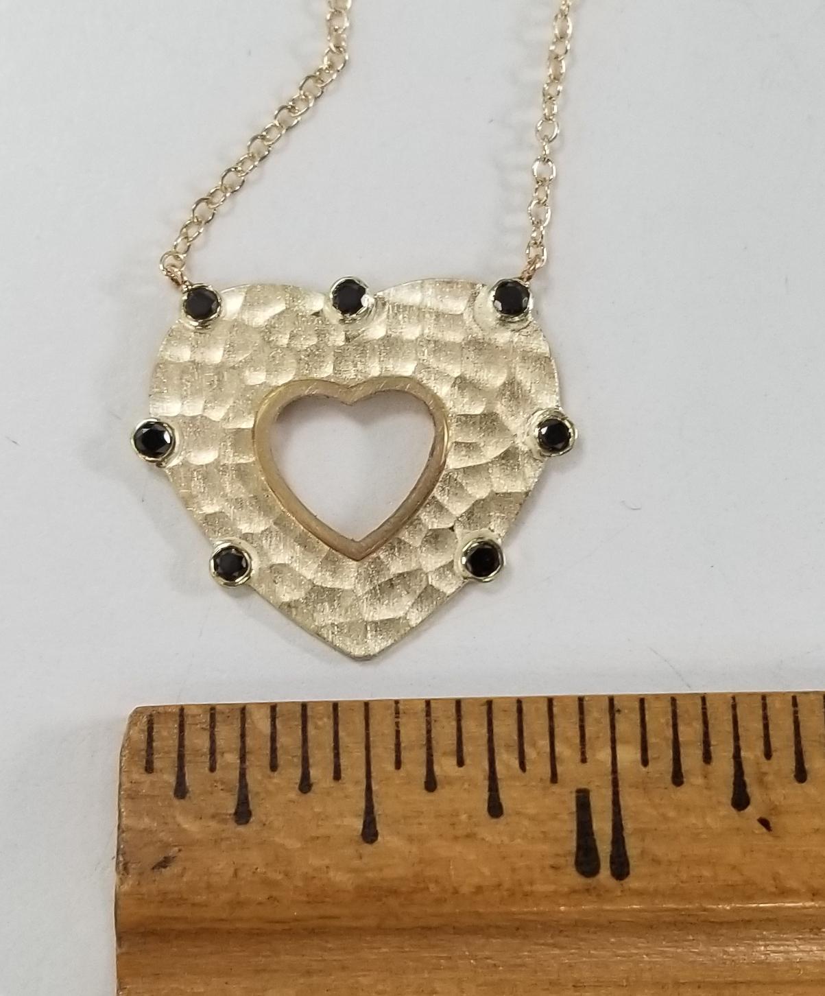 Contemporary 14 Karat Yellow Gold Black Diamond Hammered Heart Necklace For Sale