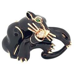 Alfiler Broche Disney Bagheera Esmeralda y Diamante Esmalte Negro Oro Amarillo 14K