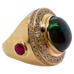 14k Yellow Gold Black Ethiopian Opal Ring with Rubies and Diamonds