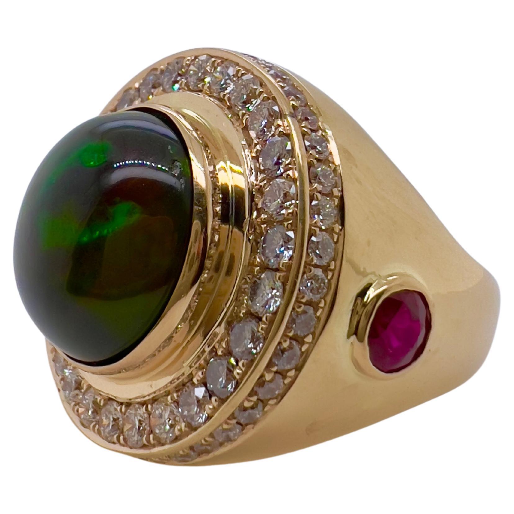 14k Yellow Gold Black Ethiopian Opal Ring with Rubies and Diamonds For Sale