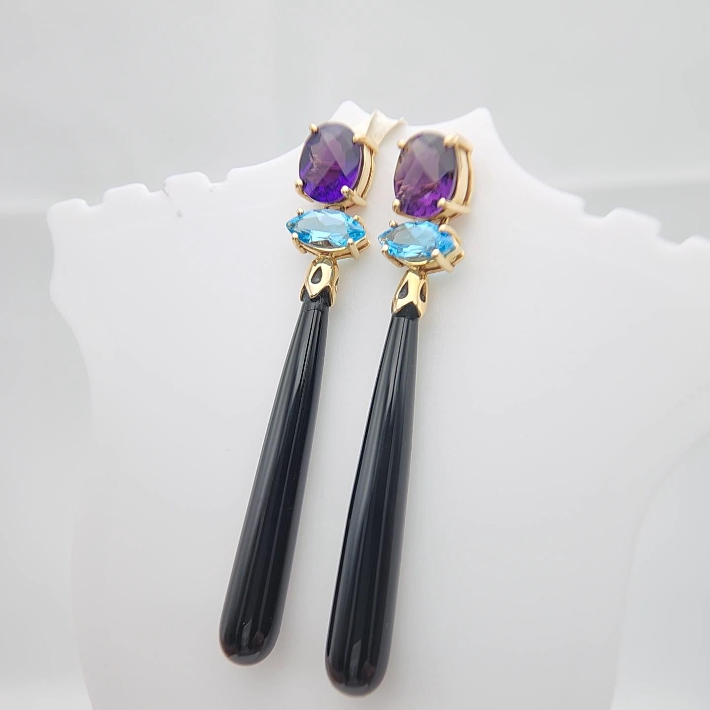 14K Yellow Gold Black Onyx Amethyst and Blue Topaz Earring. For Sale 4