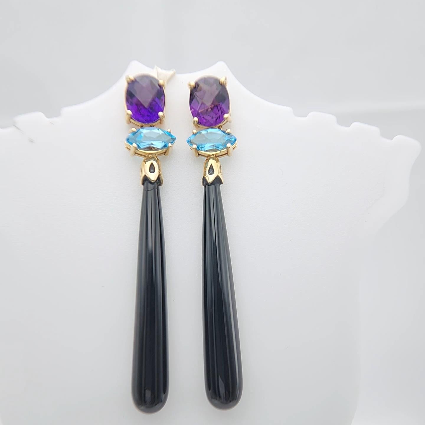 14K Yellow Gold Black Onyx Amethyst and Blue Topaz Earring. For Sale 5