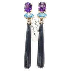 14K Yellow Gold Black Onyx Amethyst and Blue Topaz Earring.