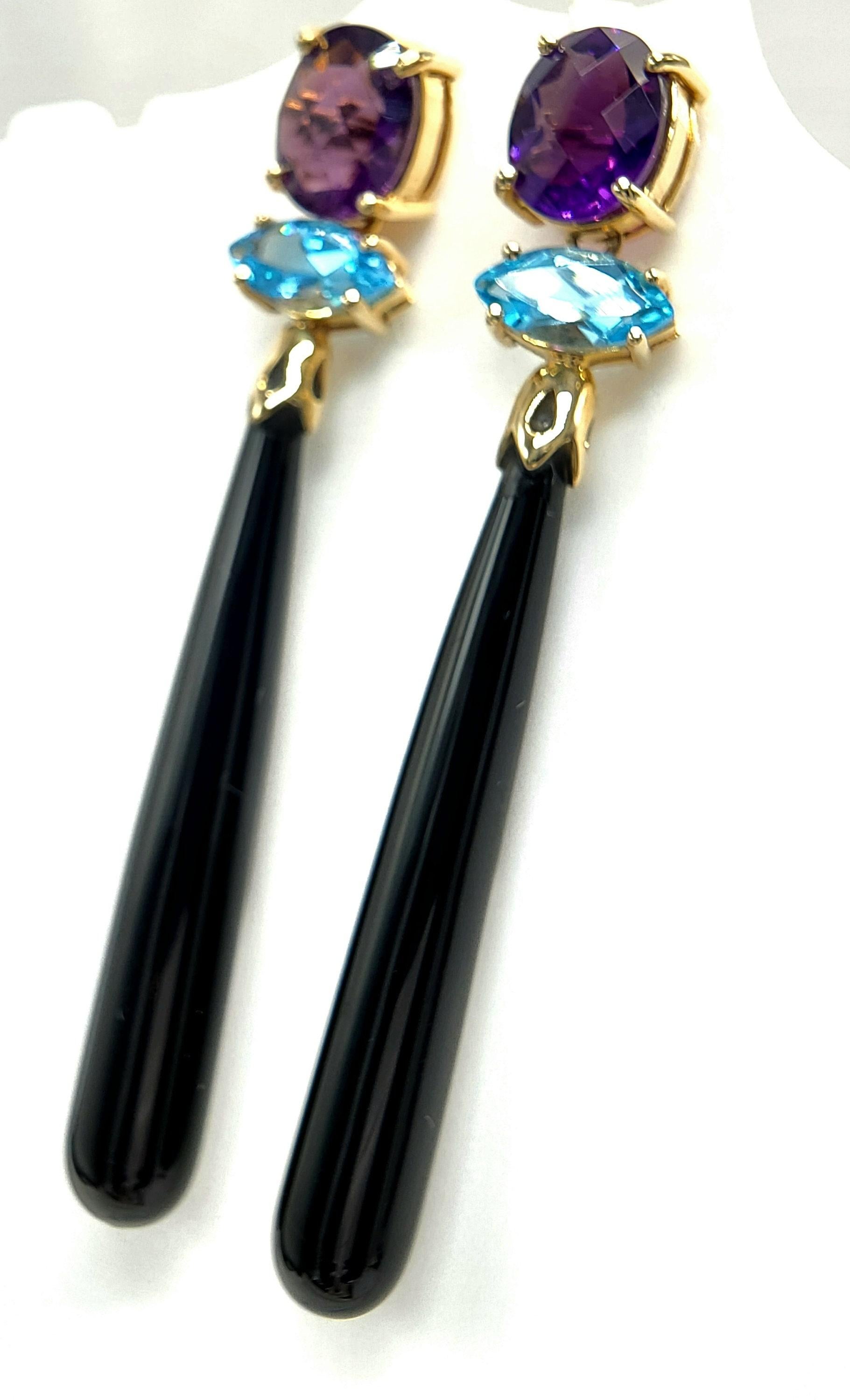 Artisan 14K Yellow Gold Black Onyx Amethyst and Blue Topaz Earring. For Sale