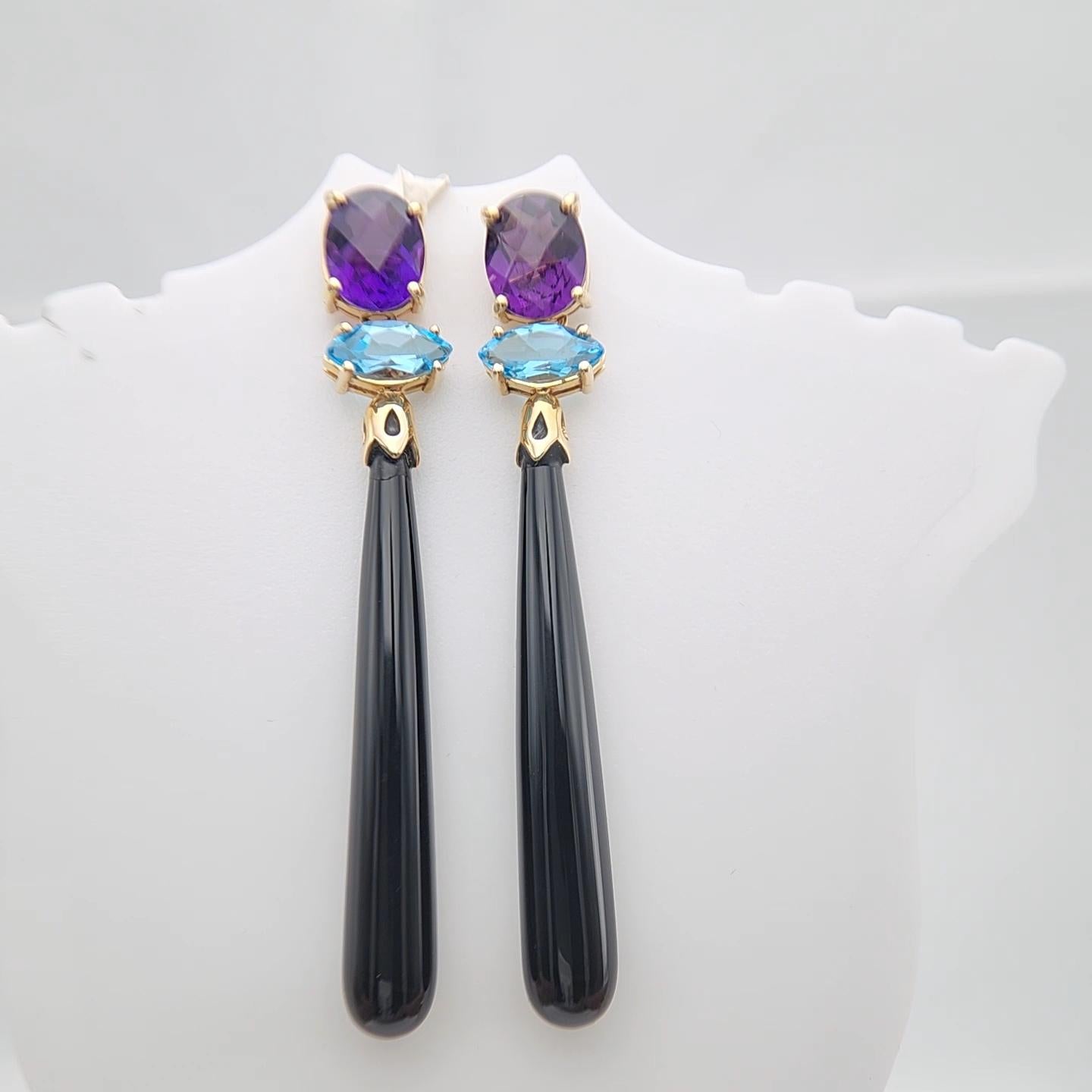 Oval Cut 14K Yellow Gold Black Onyx Amethyst and Blue Topaz Earring. For Sale