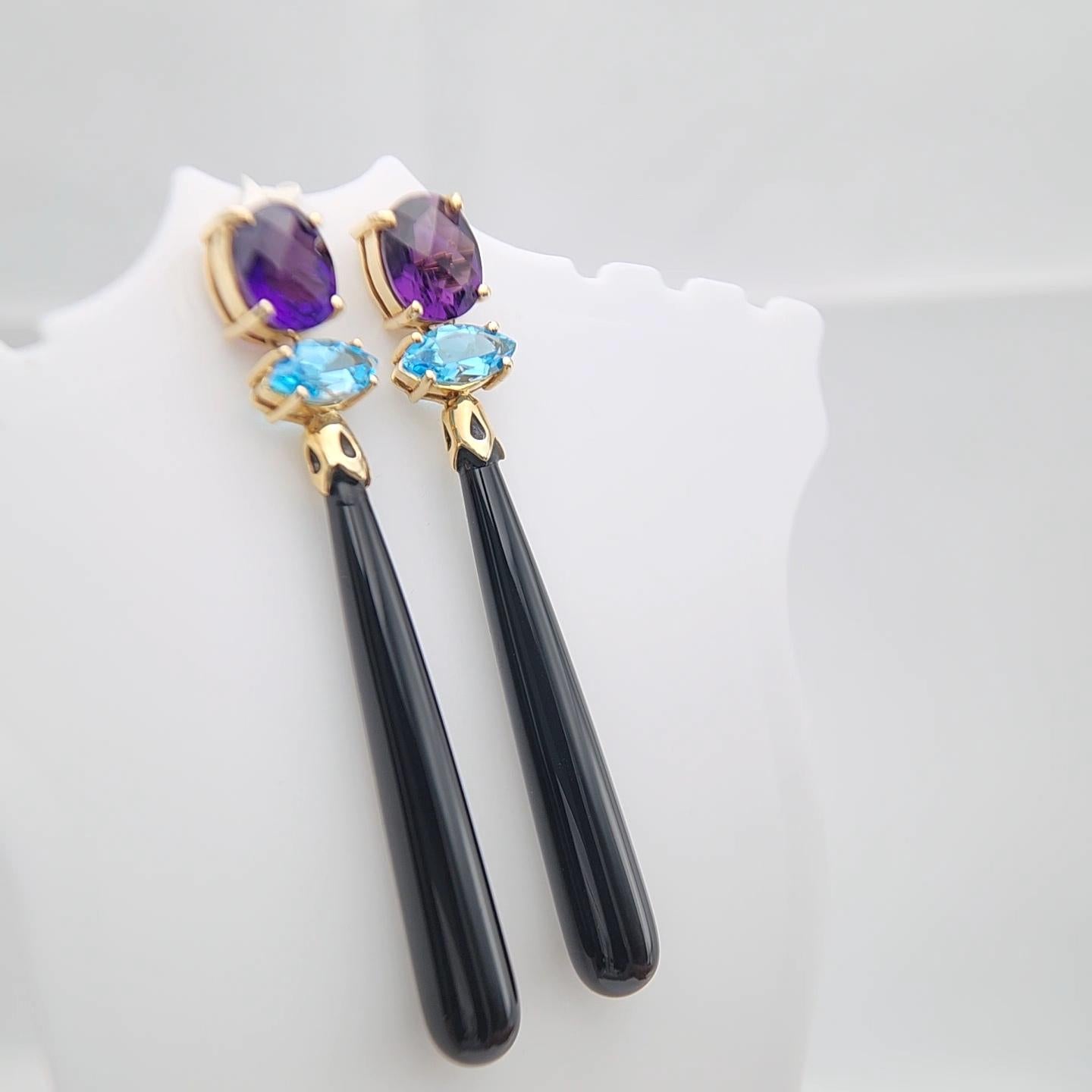14K Yellow Gold Black Onyx Amethyst and Blue Topaz Earring. In New Condition For Sale In Brooklyn, NY