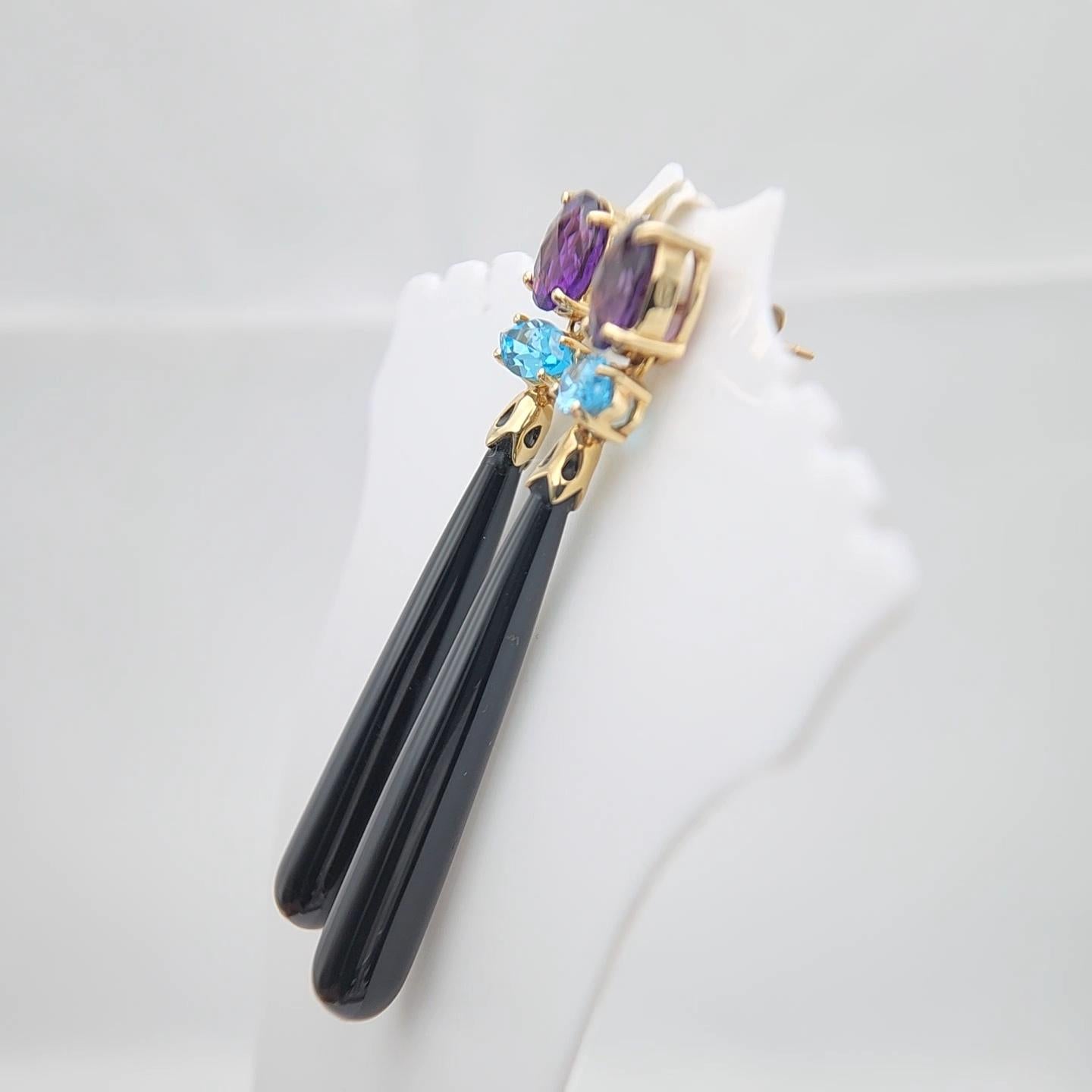 Women's 14K Yellow Gold Black Onyx Amethyst and Blue Topaz Earring. For Sale