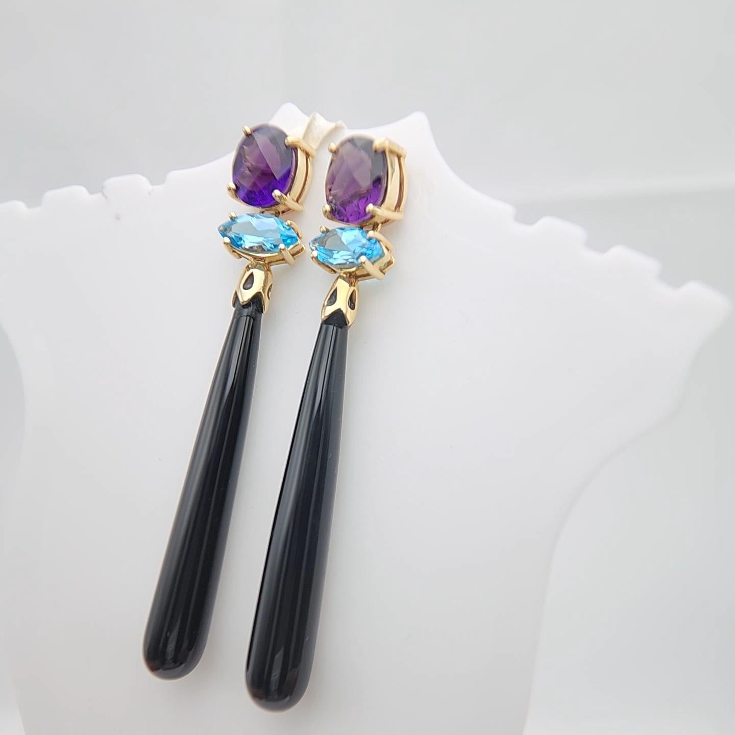 14K Yellow Gold Black Onyx Amethyst and Blue Topaz Earring. For Sale 1