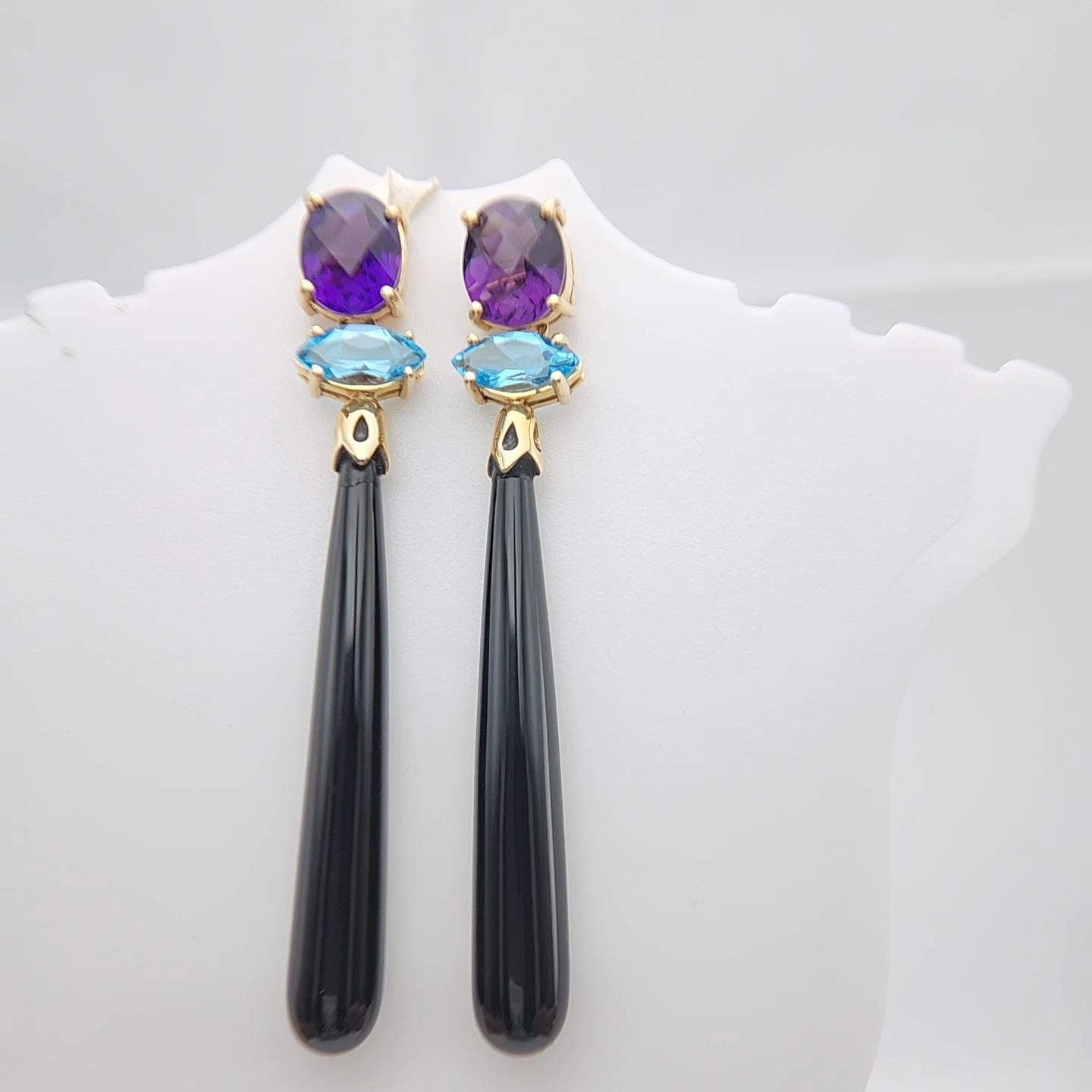 14K Yellow Gold Black Onyx Amethyst and Blue Topaz Earring. For Sale 2