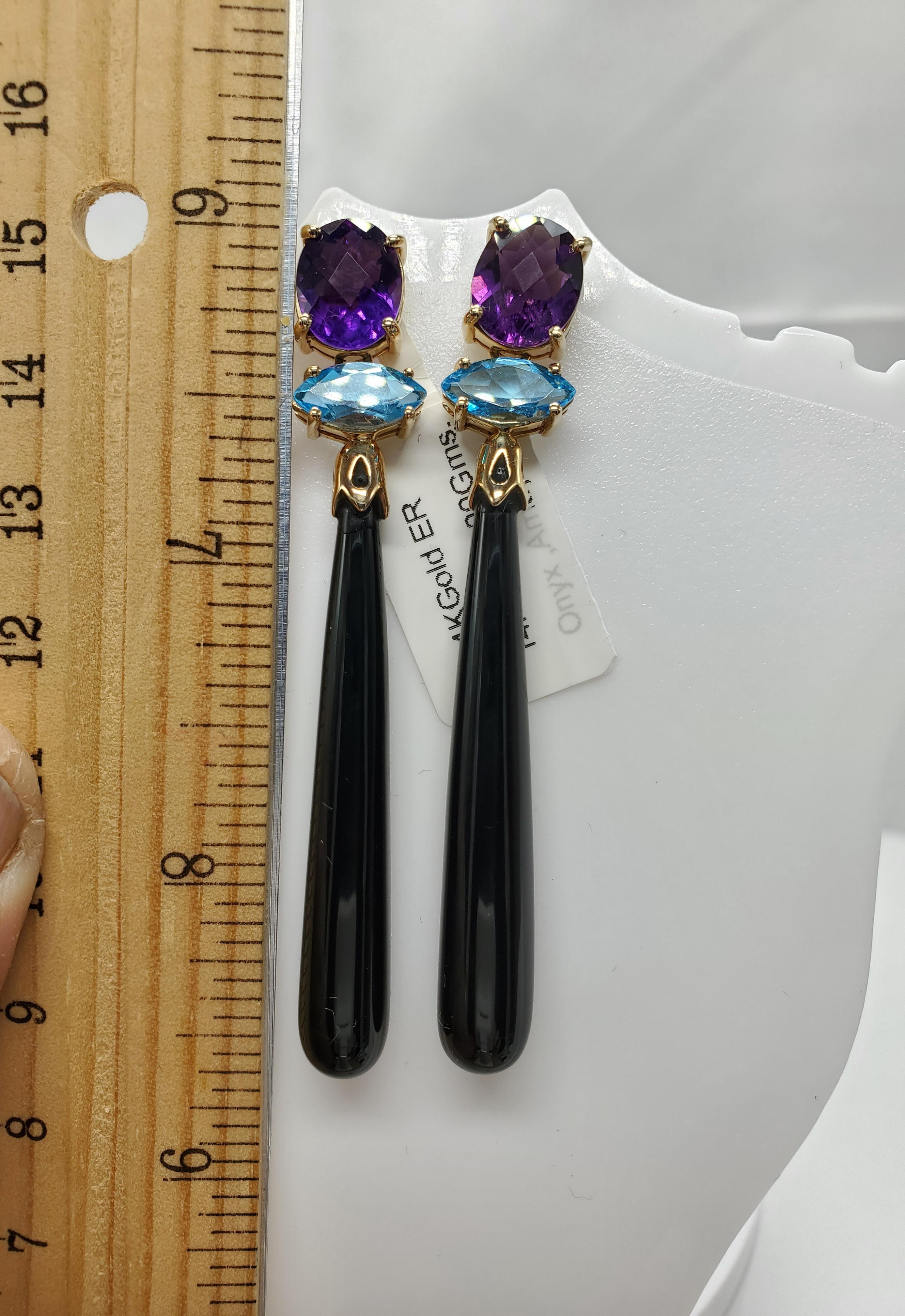 14K Yellow Gold Black Onyx Amethyst and Blue Topaz Earring. For Sale 3