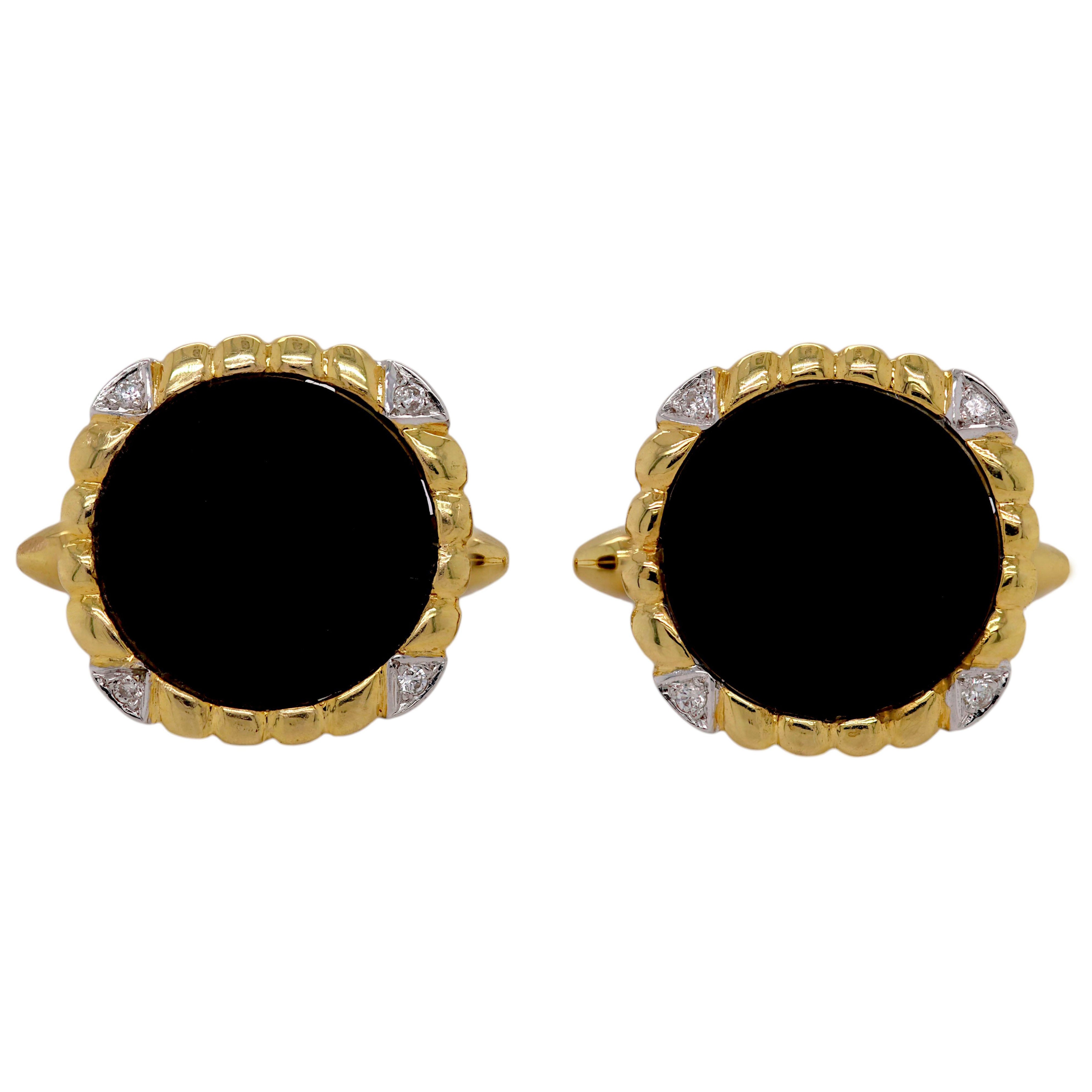 Manschettenknöpfe aus 14-karätigem Gelbgold mit schwarzem Onyx und Diamanten – ein klassisch-elegantes Paar