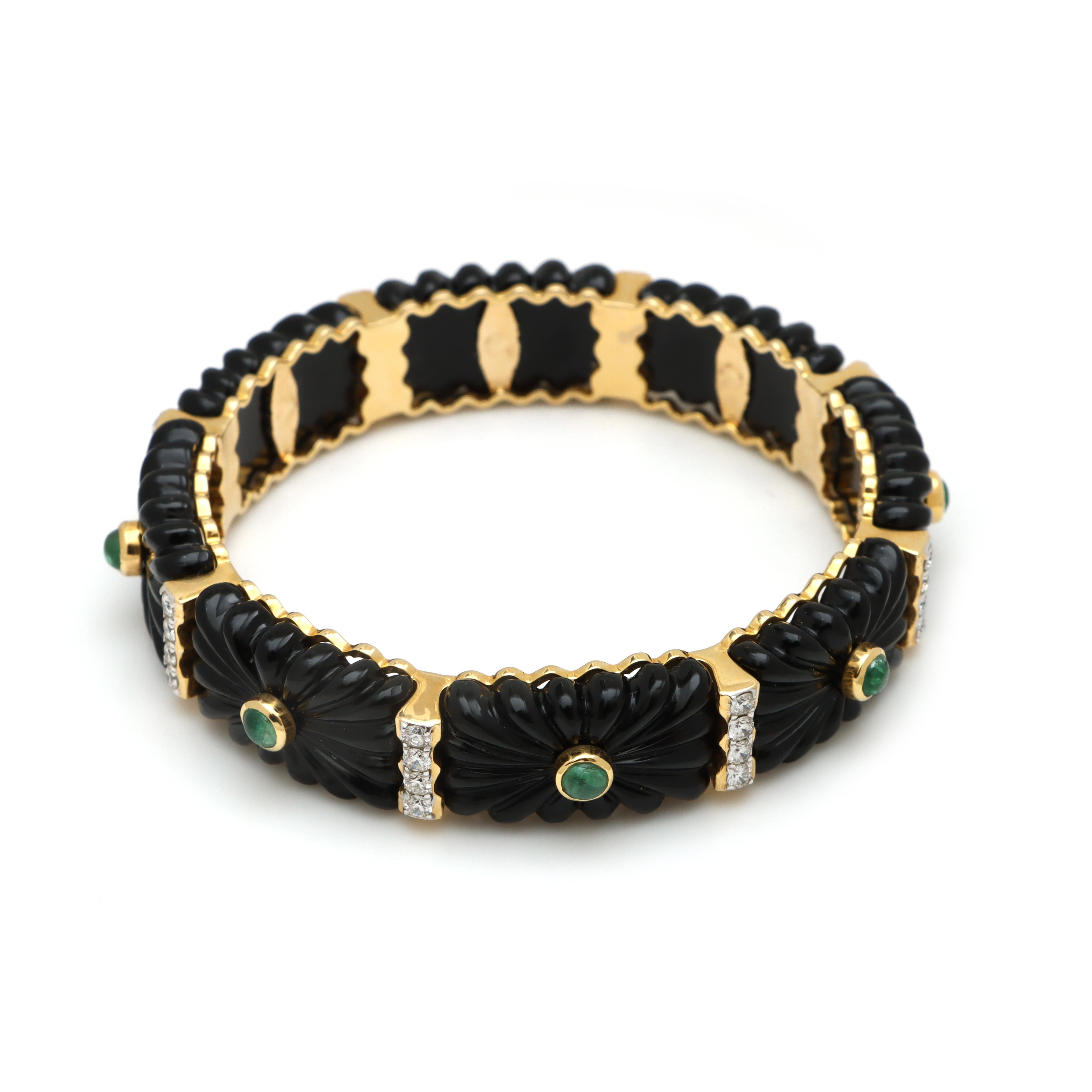 14k Yellow Gold Black Onyx And Emerald Bangle With Diamond For Sale 7