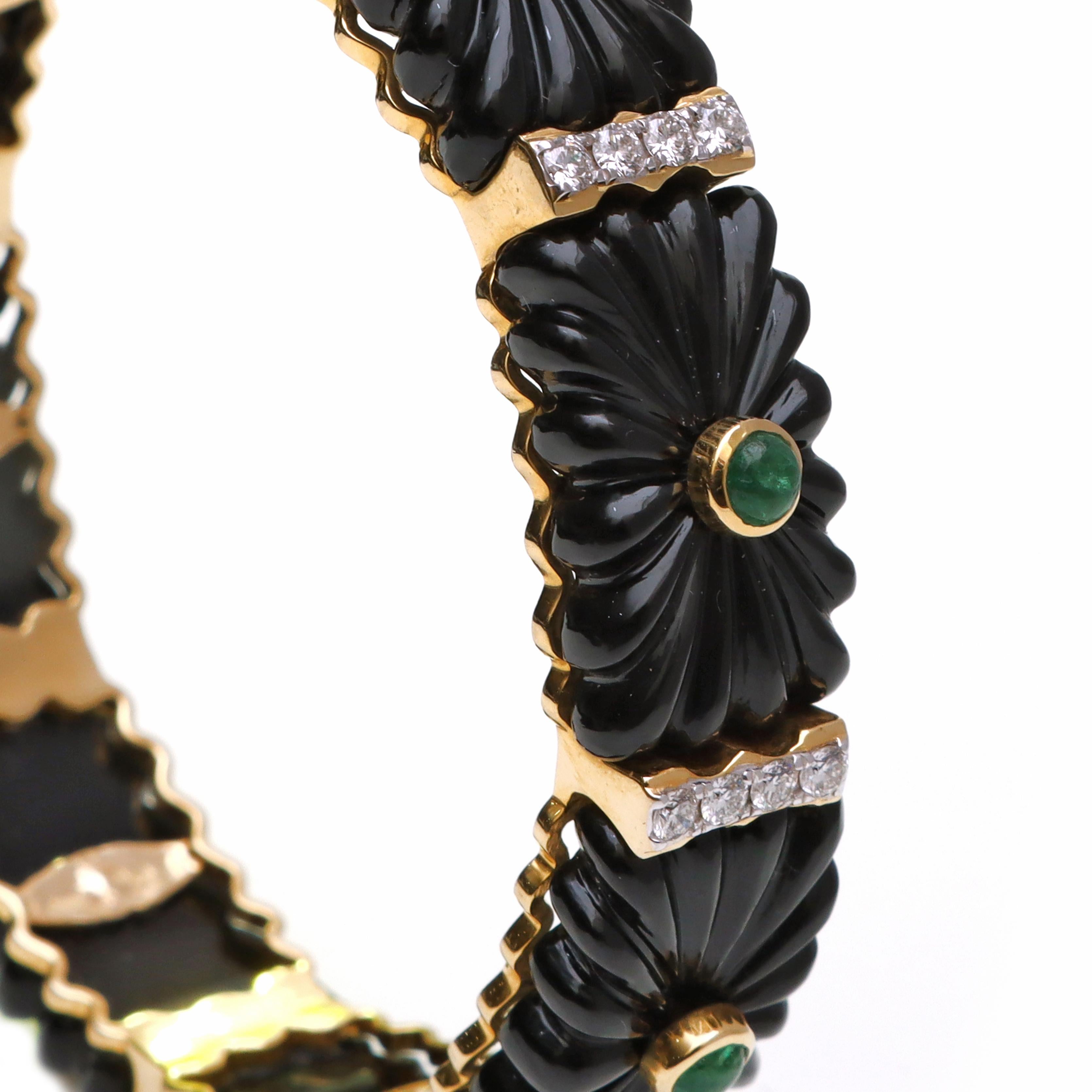 14k Yellow Gold Black Onyx And Emerald Bangle With Diamond For Sale 2
