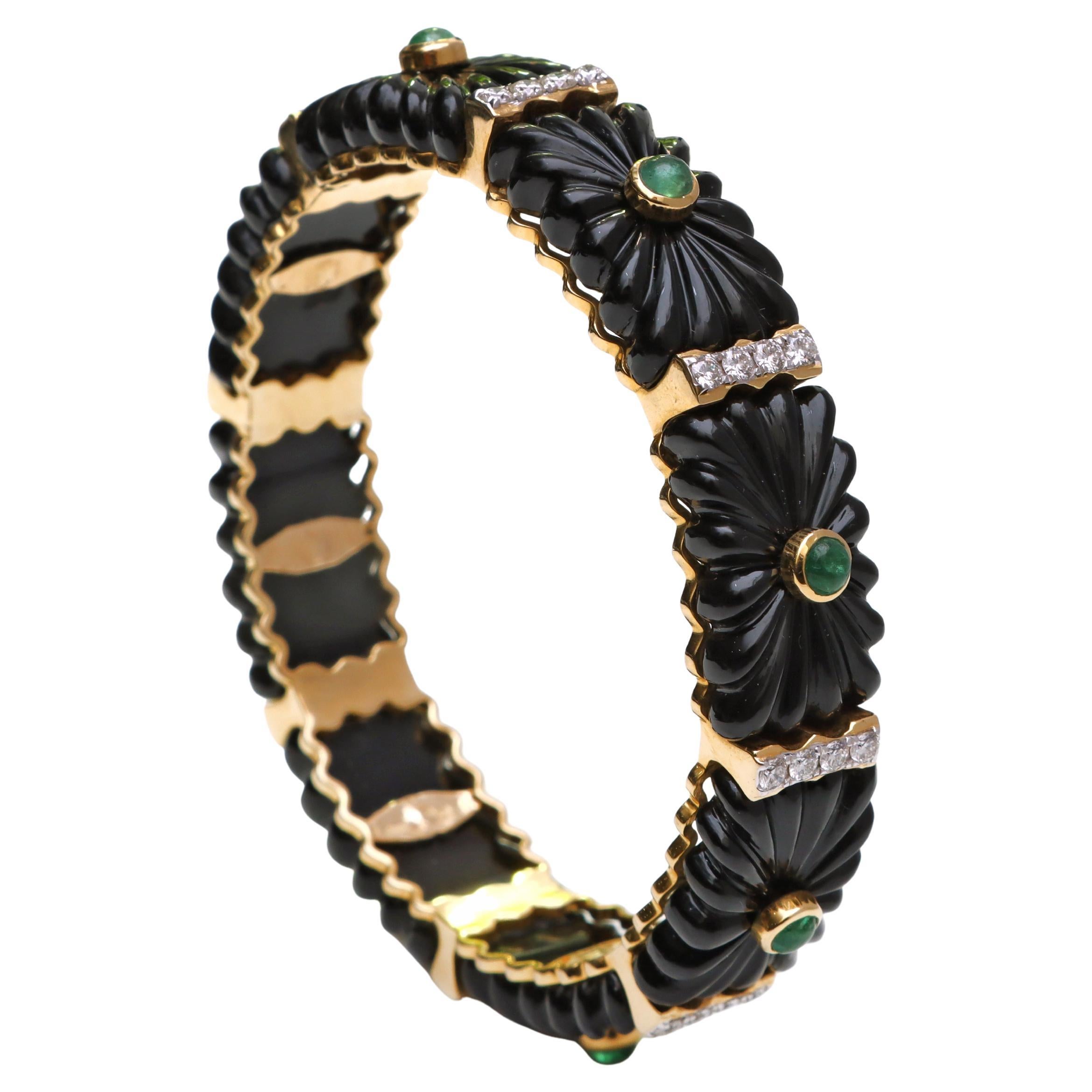 14k Yellow Gold Black Onyx And Emerald Bangle With Diamond For Sale