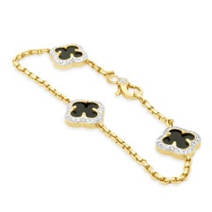14k Yellow Gold Black Onyx and Round Diamond Halo Quatrefoil Station Bracelet