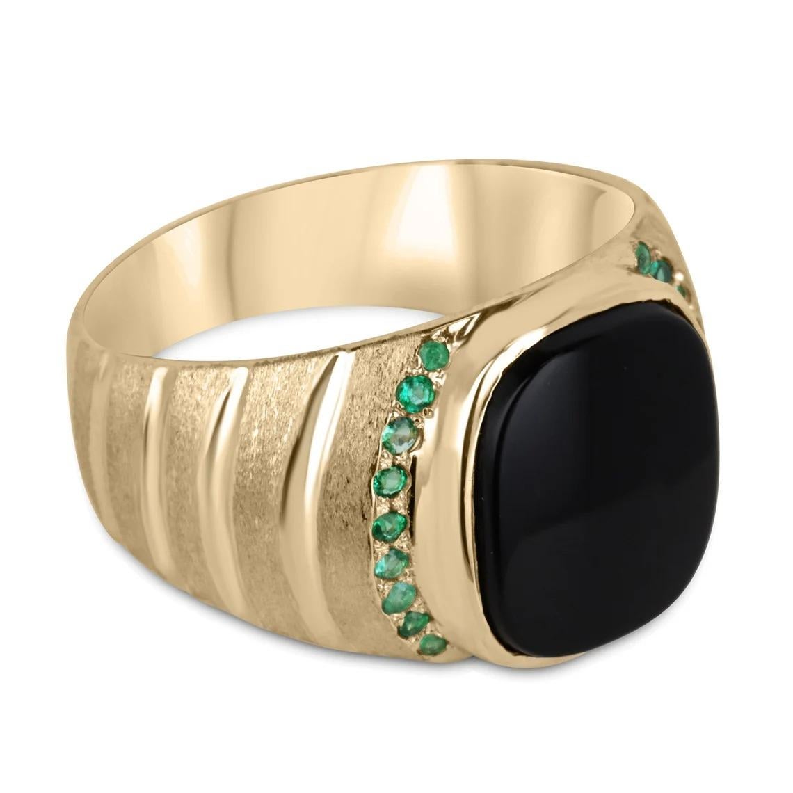 Setting Style: Bezel/Pave
Setting Material: 14K Yellow Gold
Setting Weight: 6.7 Grams

Main Stone: Black Onyx
Shape: Cushion
Weight: Approx 5-Carats
Color: Black
Treatments: Natural

Secondary Stone:
Weight: 0.32-Carats (Total)
Cut: Round
Clarity: