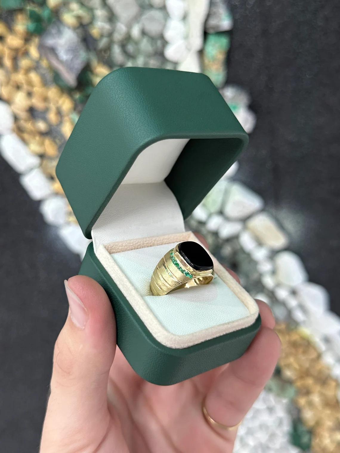 14K Yellow Gold Black Onyx Bezel Set & Round Cut Emerald Men's Wide Signet Ring For Sale 1
