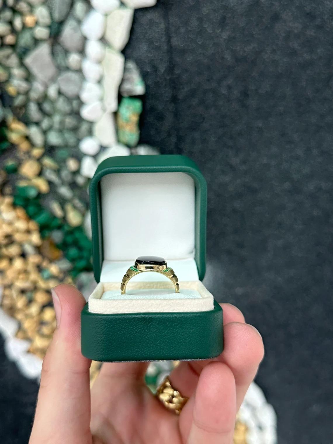 14K Yellow Gold Black Onyx Bezel Set & Round Cut Emerald Men's Wide Signet Ring For Sale 2