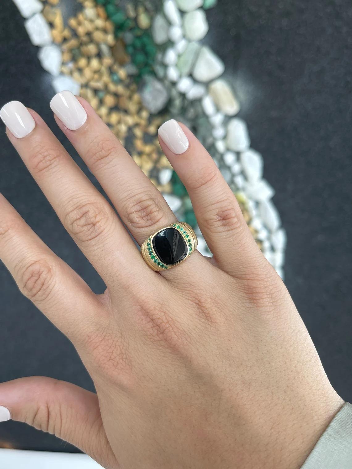 14K Yellow Gold Black Onyx Bezel Set & Round Cut Emerald Men's Wide Signet Ring For Sale 3