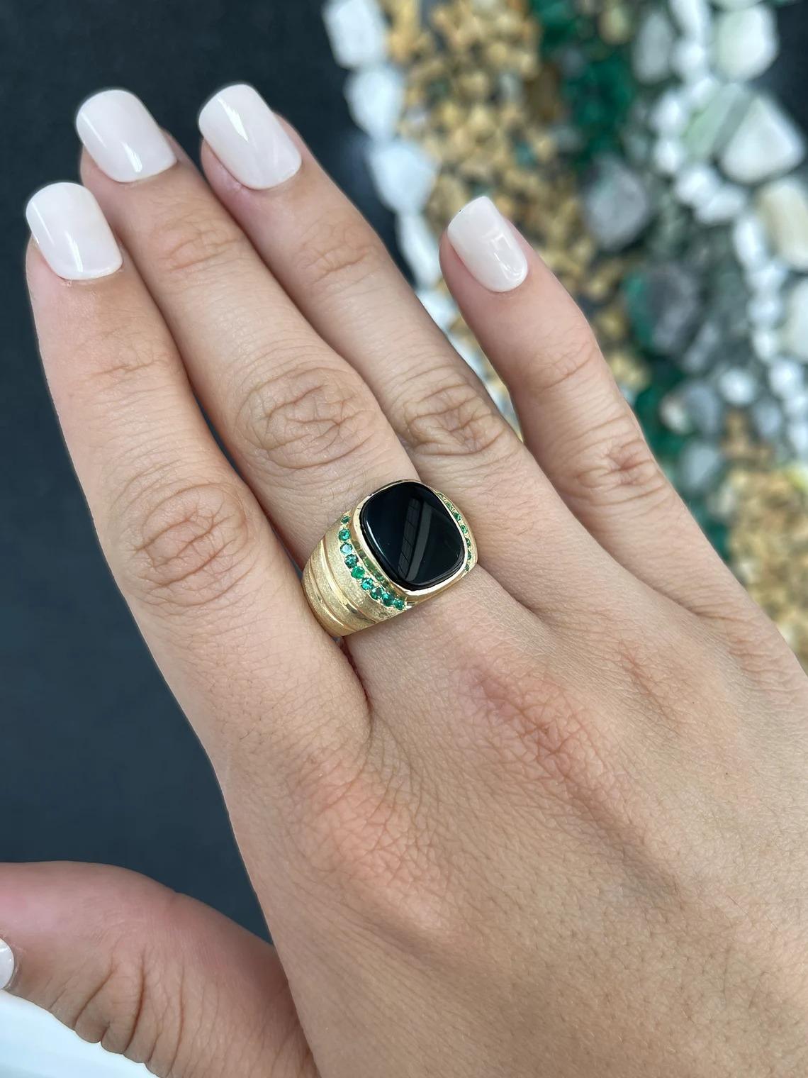 14K Yellow Gold Black Onyx Bezel Set & Round Cut Emerald Men's Wide Signet Ring For Sale 5