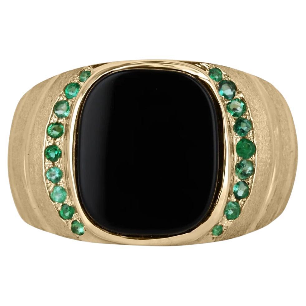 14K Yellow Gold Black Onyx Bezel Set & Round Cut Emerald Men's Wide Signet Ring