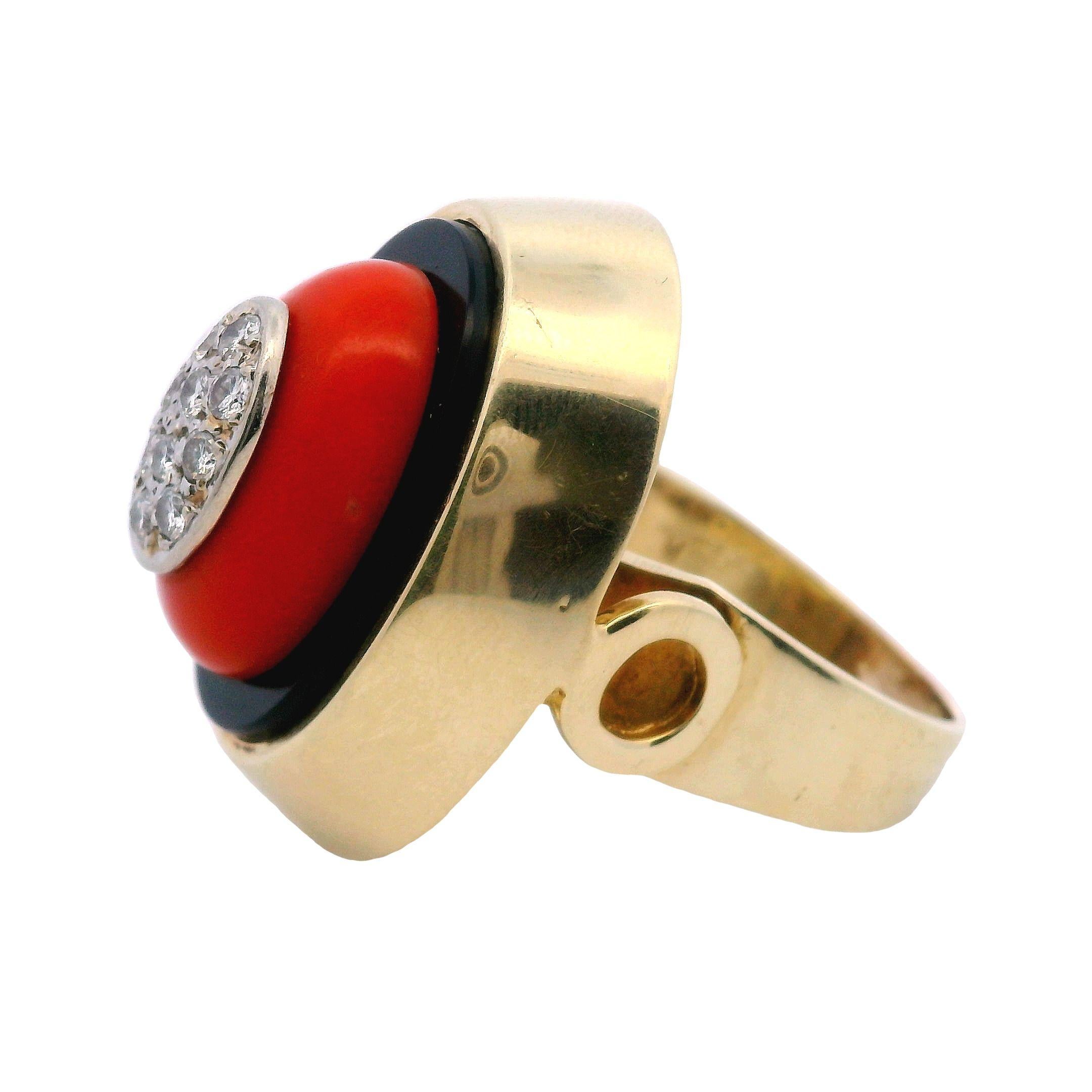 Contemporary 14k Yellow Gold Black Onyx, Coral, and Diamond Ring For Sale