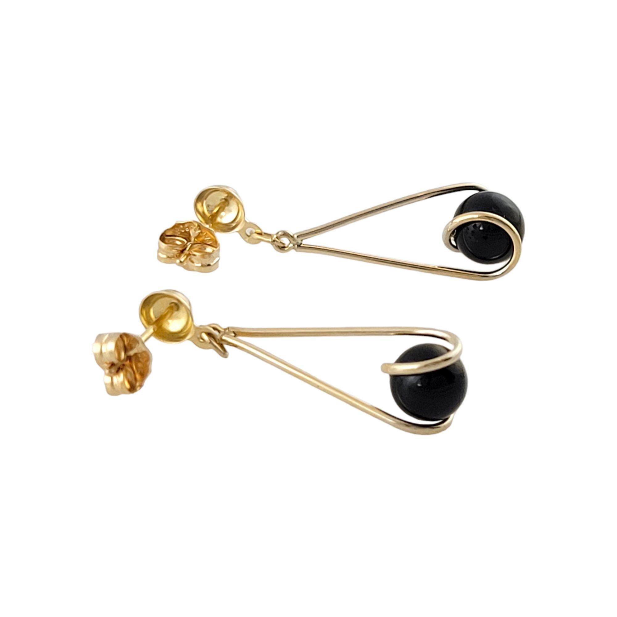 Round Cut 14K Yellow Gold Black Onyx Dangle Earrings #13594 For Sale