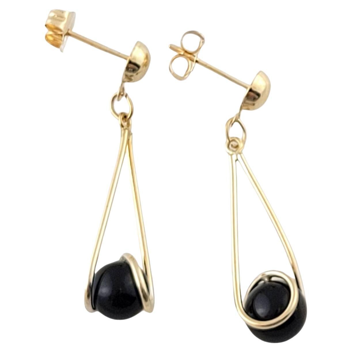 14K Yellow Gold Black Onyx Dangle Earrings #13594 For Sale