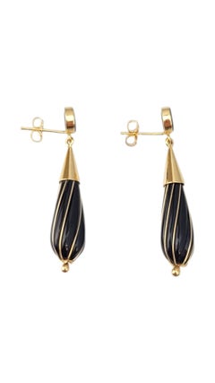 14K Yellow Gold Black Onyx Dangle Earrings #21724