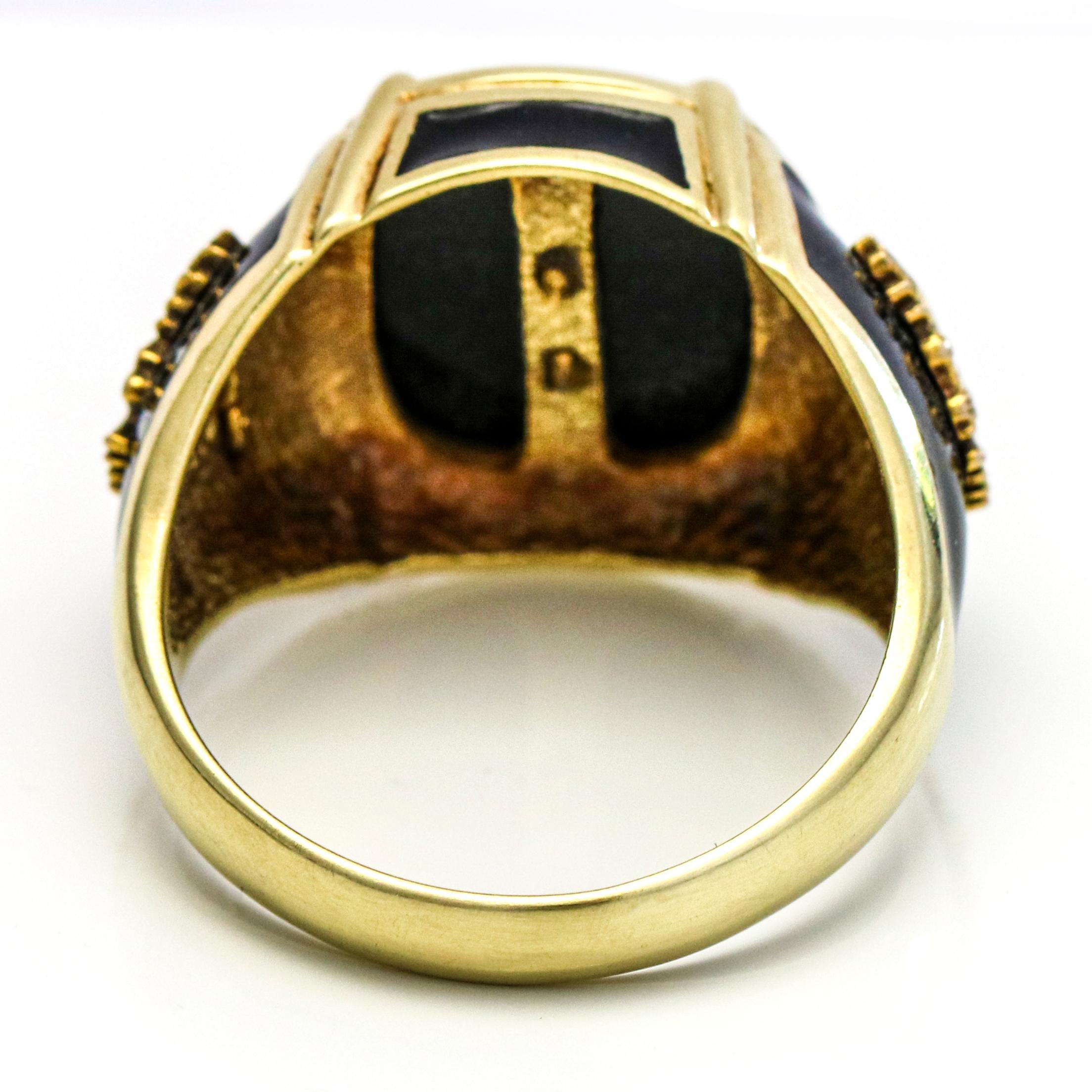 14 Karat Yellow Gold Black Onyx Enamel Imperial Eagle Men's Ring For Sale 2