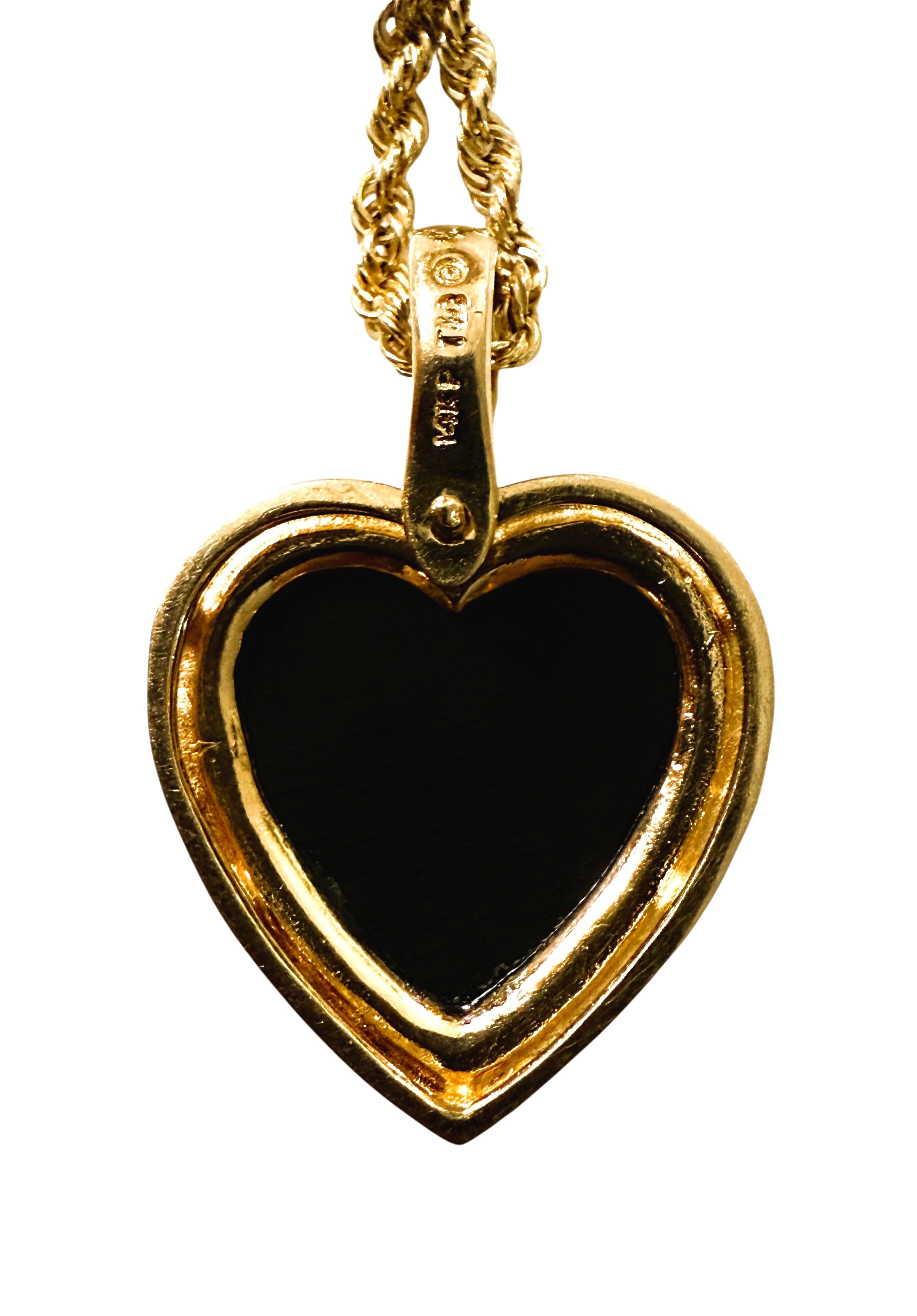 Pendentif en or jaune 14K en forme de coeur en onyx noir sur chaîne lourde en or jaune 14k 18