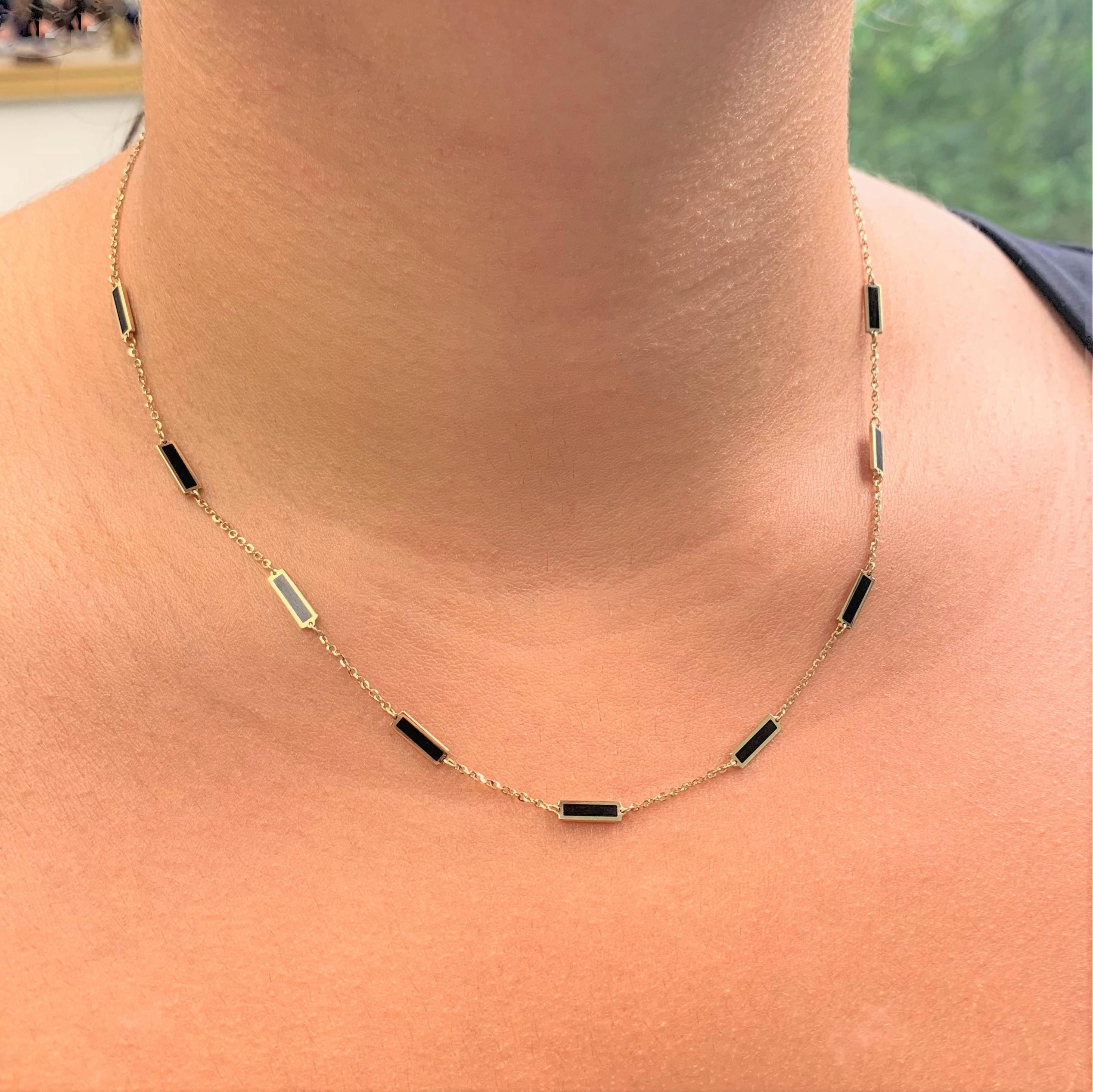Portrait Cut 14k Yellow Gold & Black Onyx Inlay Station Bar Necklace For Sale