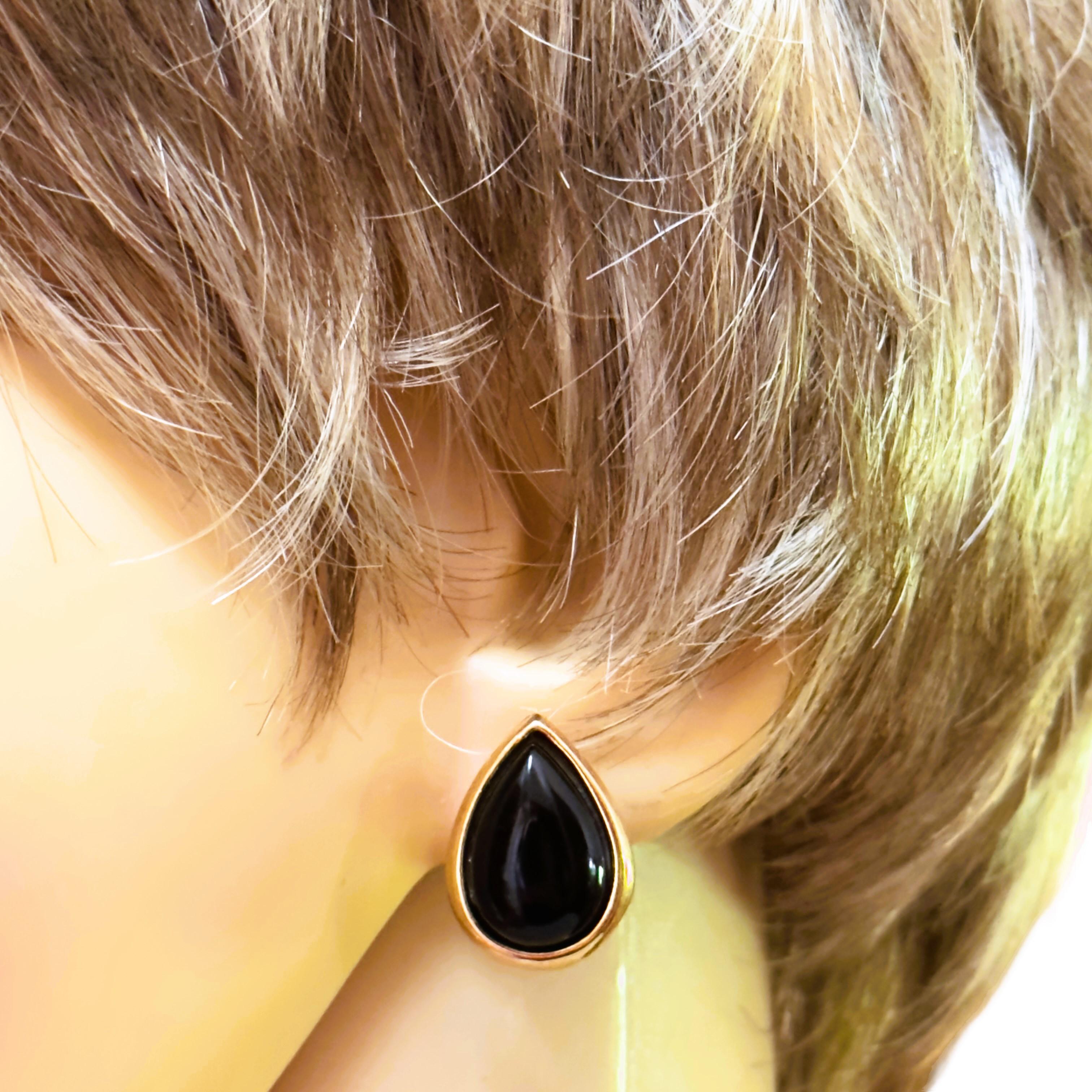 Art Nouveau 14k Yellow Gold Black Onyx Teardrop Earrings Marked