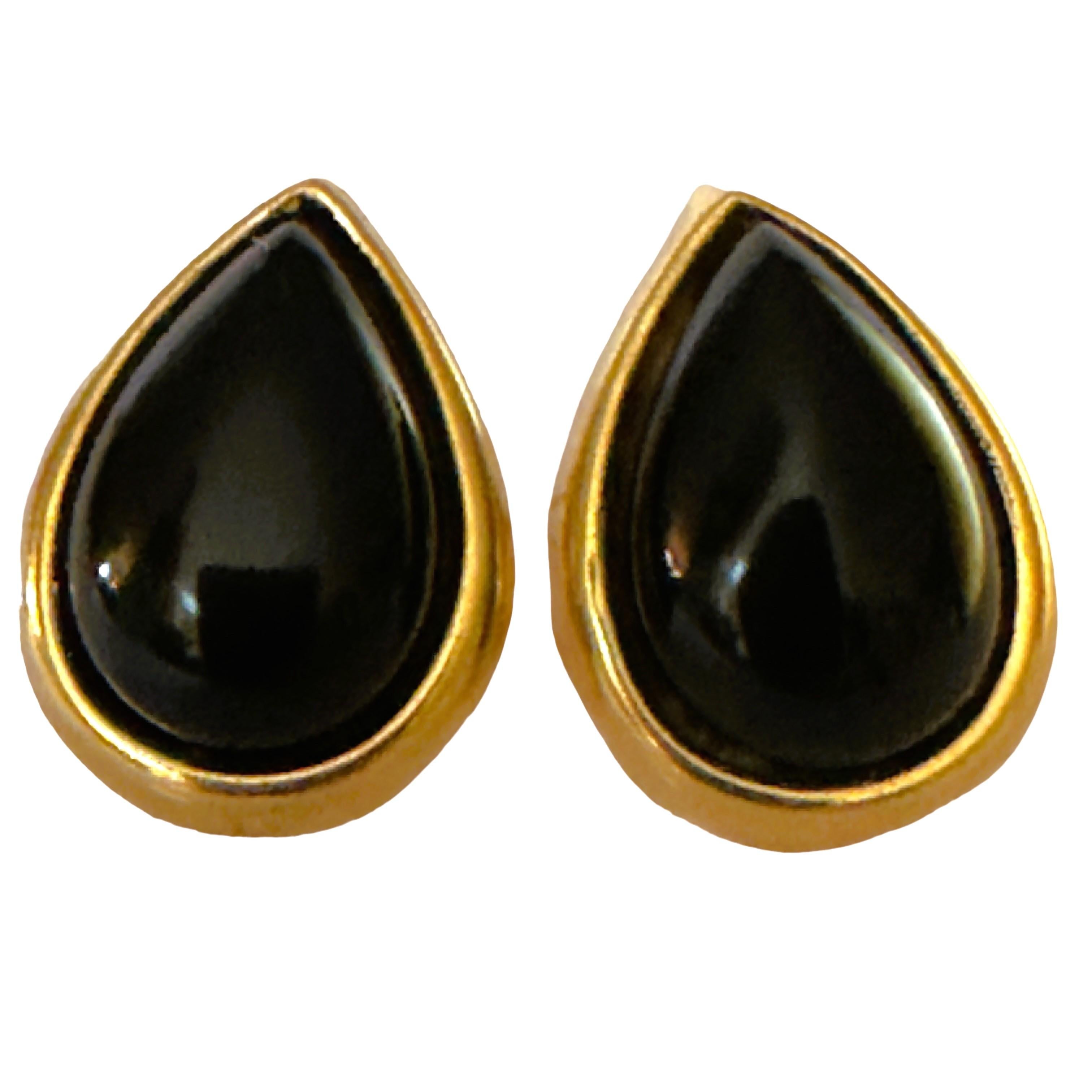 Pear Cut 14k Yellow Gold Black Onyx Teardrop Earrings Marked