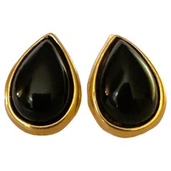 14k Yellow Gold Black Onyx Teardrop Earrings Marked