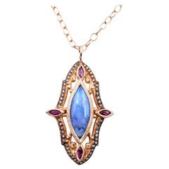 14 Karat Yellow Gold Black Opal, Diamond, and Ruby Necklace