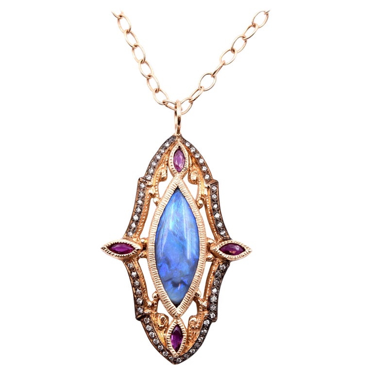 14 Karat Yellow Gold Black Opal, Diamond, and Ruby Necklace at 1stDibs