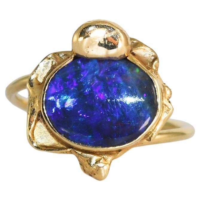 14K Yellow Gold Black Opal Doublet Ring 3.2g For Sale