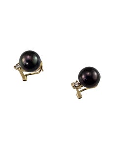 14K Yellow Gold Black Pearl and Diamond Omega Back Earrings #25130