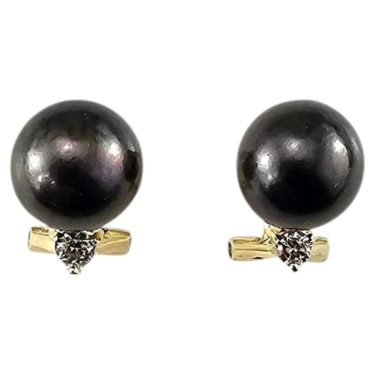 14K Yellow Gold Black Pearl and Diamond Omega Back Earrings #25130