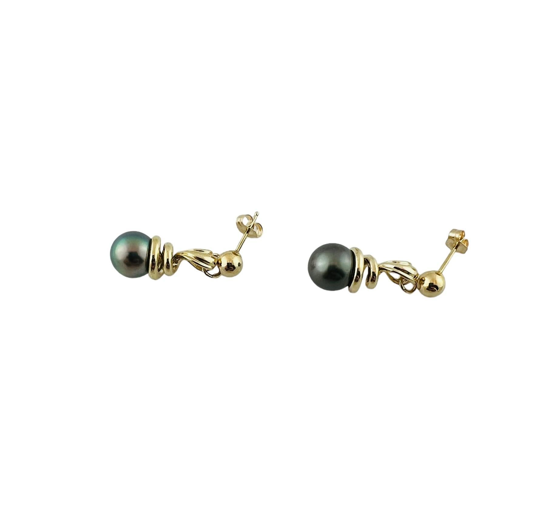 Round Cut 14K Yellow Gold Black Pearl Dangle Earrings #15936 For Sale