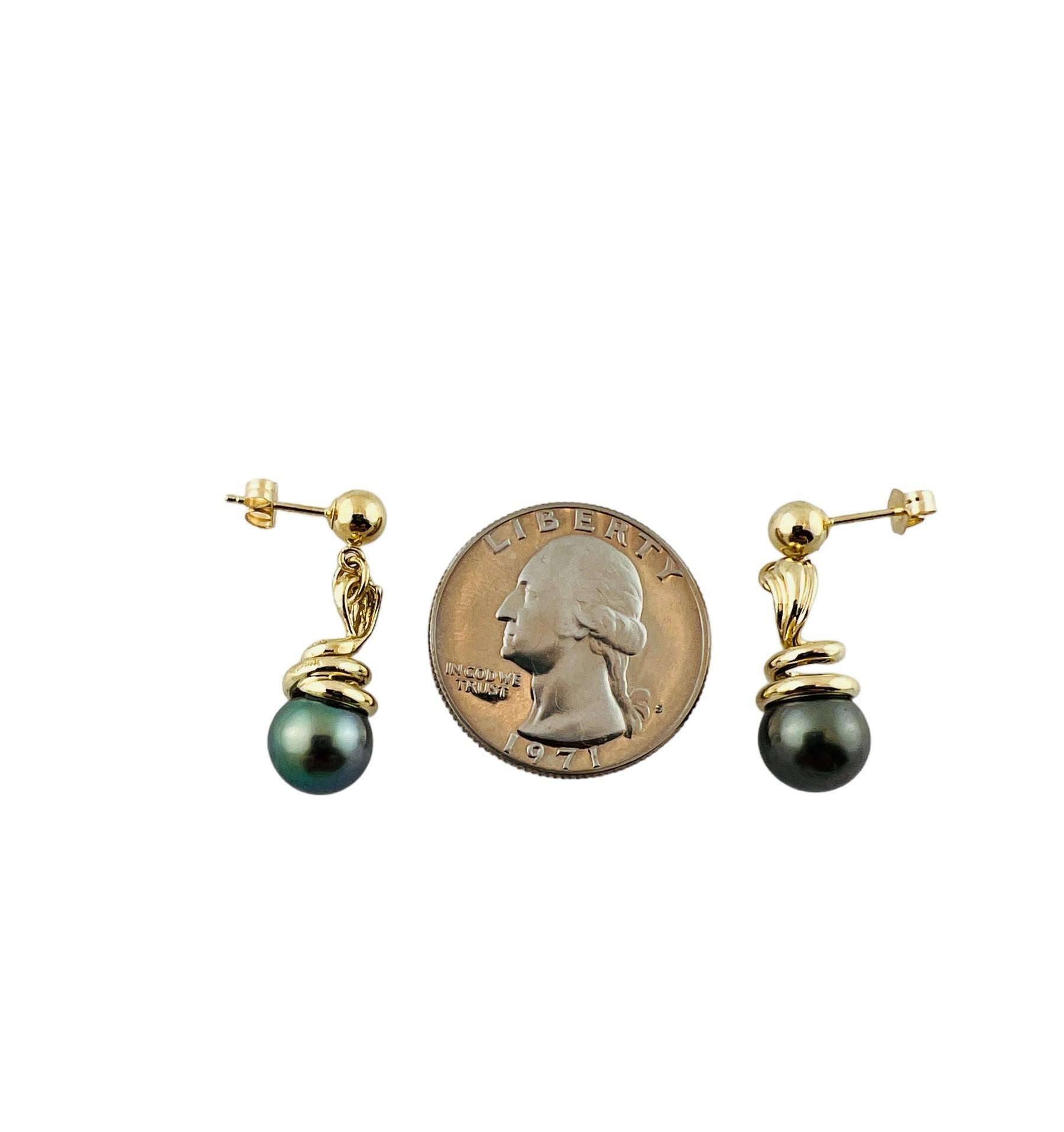 14K Yellow Gold Black Pearl Dangle Earrings #15936 For Sale 1