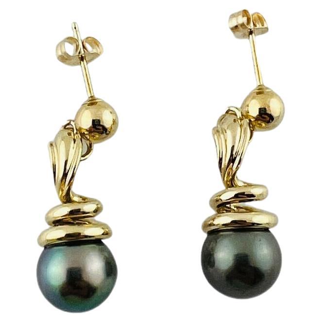 14K Yellow Gold Black Pearl Dangle Earrings #15936 For Sale