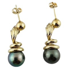 14K Yellow Gold Black Pearl Dangle Earrings #15936